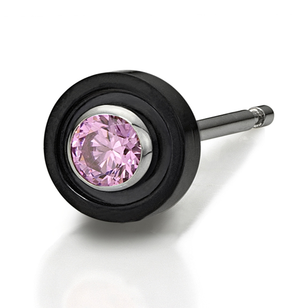 粉紅色水晶黑鋼耳環 (一隻)