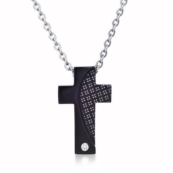 水晶十字架黑色格紋項鍊