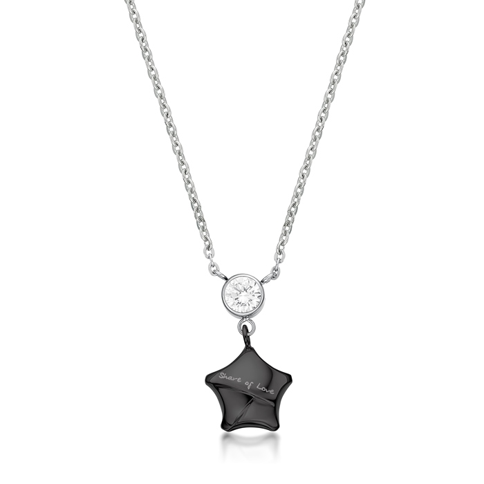 "Share Of Love" Ip Black Lucky Star with Crystal Steel Necklace