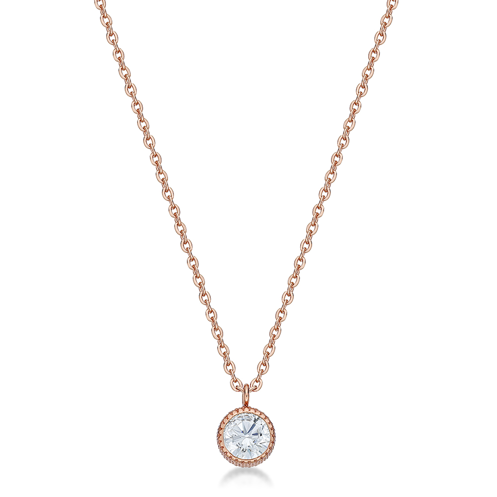 14K Rose Gold Plated with Crystal Pendant Steel Necklace